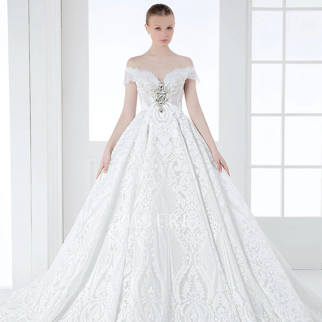 

Jusere in stock sheer scoop crystal beaded bodice keyhole back long glitter fabric lace off the shoulder wedding dress, Ivory