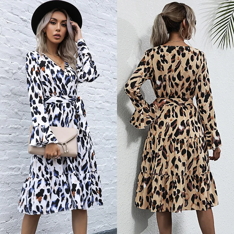 

2021 Sexy Leopard Print V Neck Dress For Women Spring Summer Long Sleeve Party Dress Clothes Casual A Line Dress