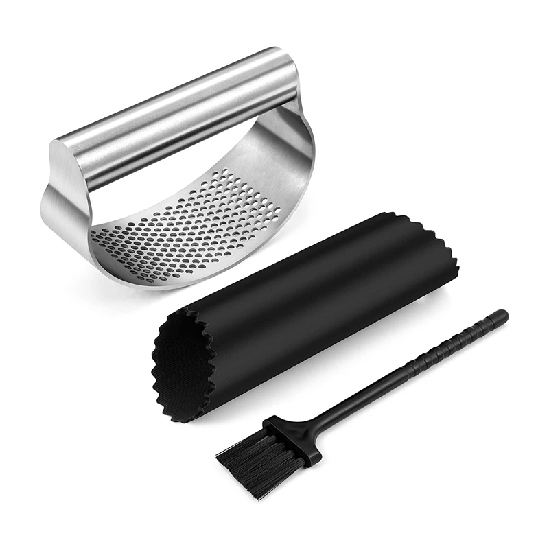 

High Quality Easy Operate And Clean Kitchen Gadget Stainless Steel Garlic Mincer Garlic Crusher And Cleaning Brush, Black