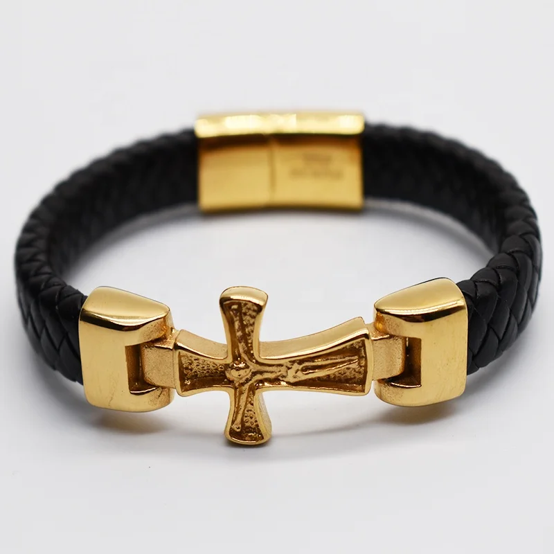 

Handmade leather bracelet men braided leather corss bracelet men vintage jesus bracelets for men, Pvd real gold plated