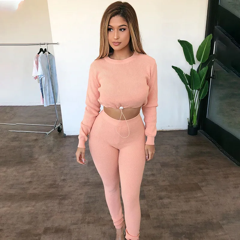 

fall winter Solid color ribbed knitted two piece set women long sleeve crop tops high waist leggings sporty set sample style