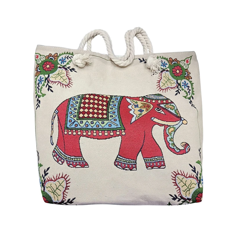 

Hot Sale Thailand Bangkok Elephant Double-Sided Pattern Canvas Cotton Rope Single-Shoulder Ladies luxury Beach Tote Bag, 1 color