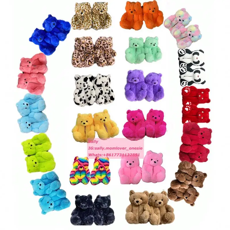 

2022 Lovely Plush New Teddybear Slides Kids Blue Teddy Bear Slippers Plush Bedroom House Shoes For Women Teddy Bear Slippers