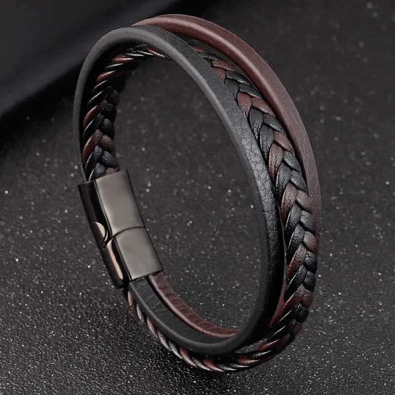 New Design Stainless Steel Clasp Multi Layer Real Genuine Leather Bracelet Men Bangle Jewelry L20109