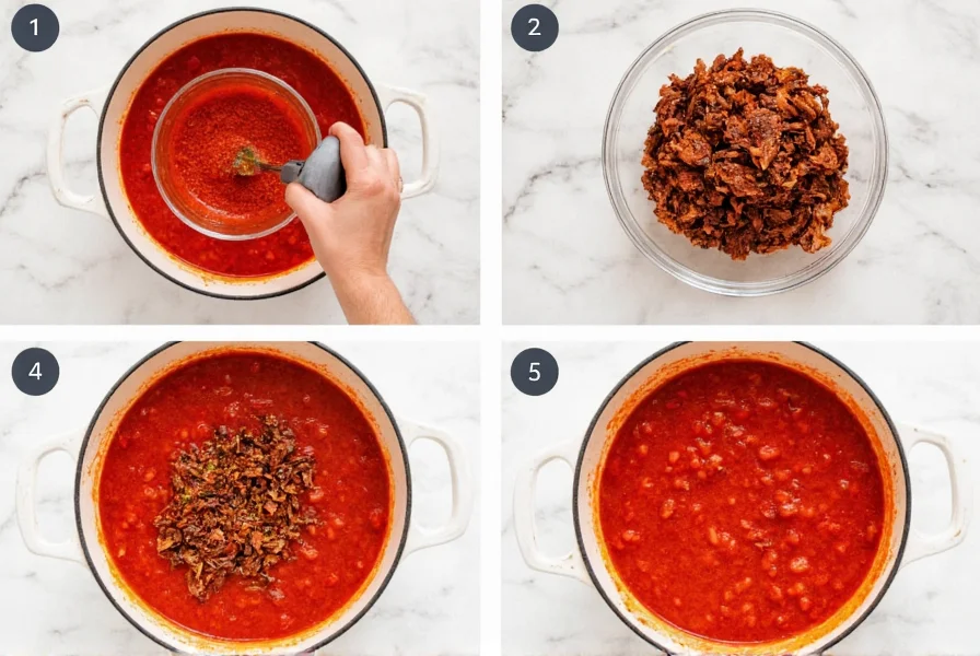 Step-by-step preparation of red chicken chili recipe showing toasted dried chilies being blended with tomatoes