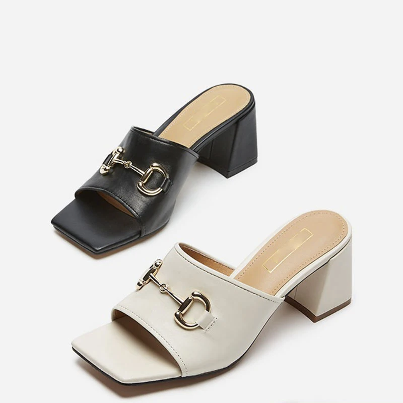 

lady square toe block heel sandals metal chain upper women slid on high heel sandals, Customized color