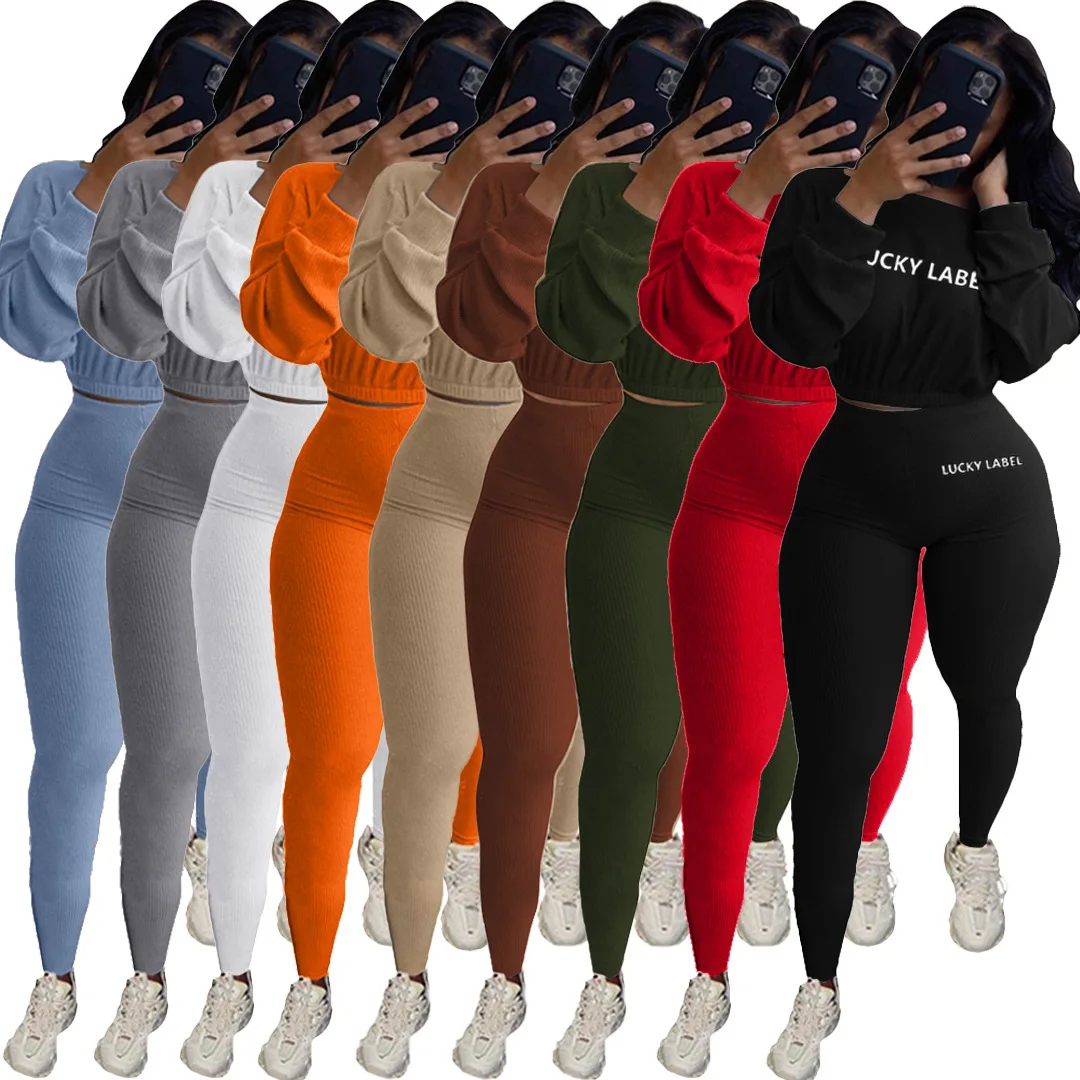 

Fall Lucky Label Outfits Ribbed Basic Sweatshirts+Leggings Casual Tracksuits Women Two Piece Sets Vetement Pour Femme, Picture