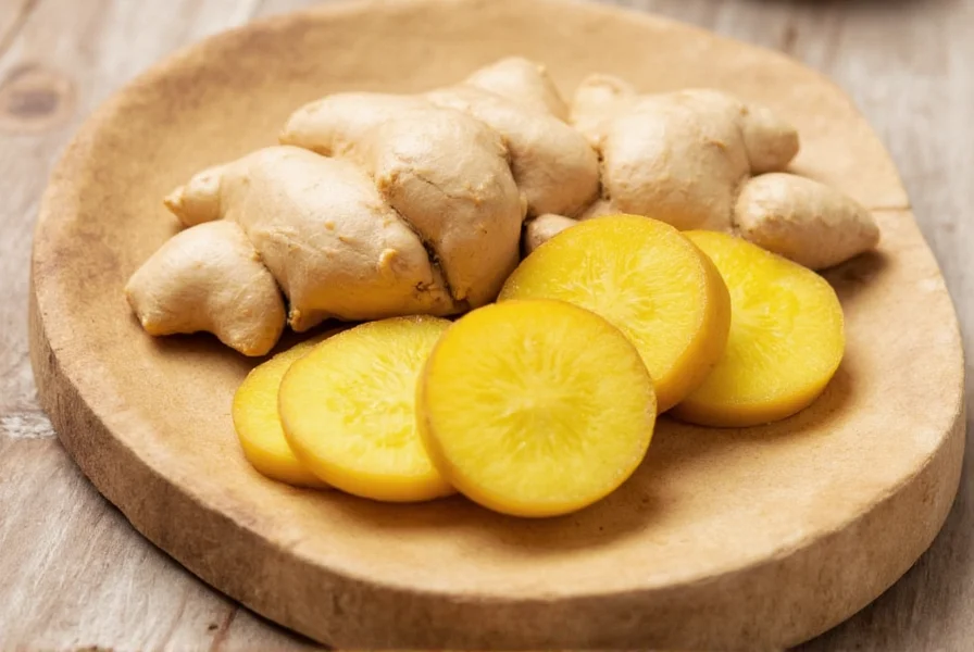 Close-up of young sweet ginger rhizomes with thin skin and pale yellow flesh beside mature ginger