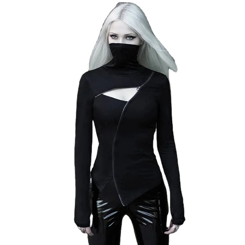 

Fashion Solid Black Turtle Neck Long Sleeve Women Top With Zipper Tailored jacket