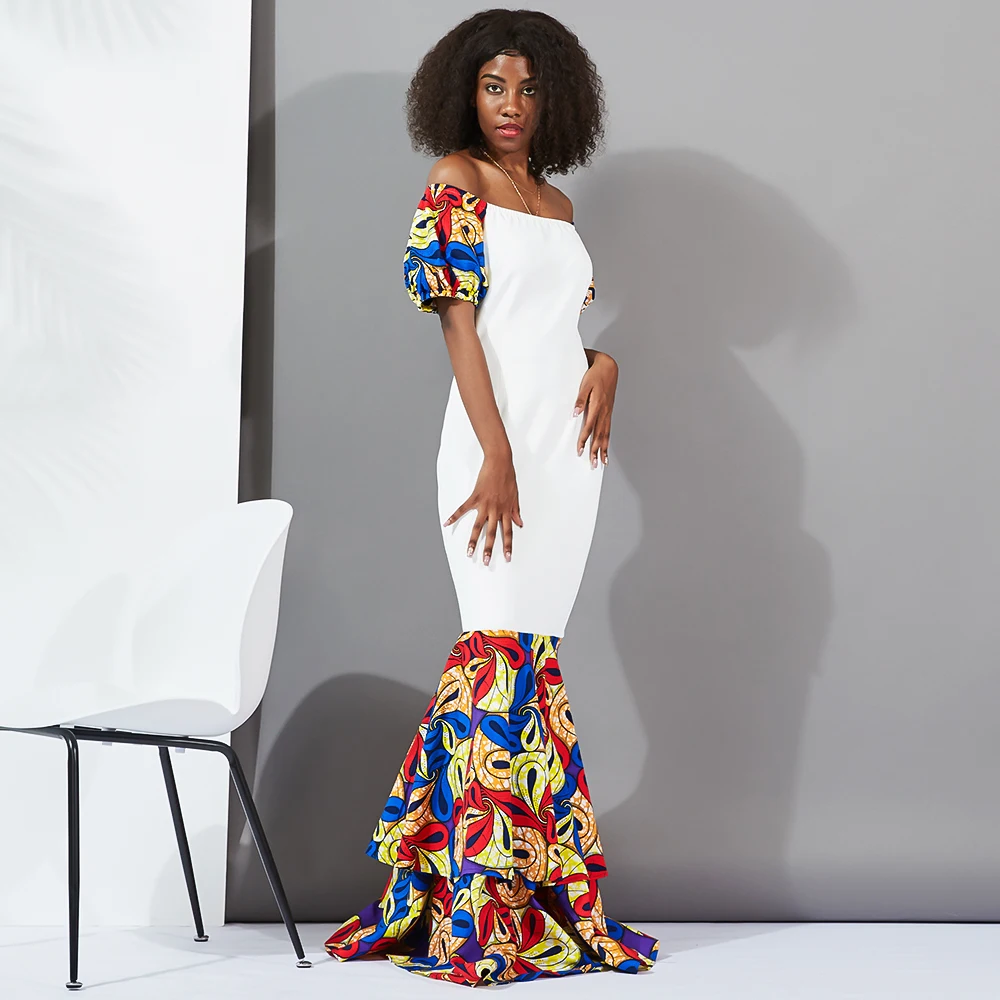 

2021 Hot selling fashion printed dress off shoulder sleeve skirt hem designed summer african women for party, Customized color