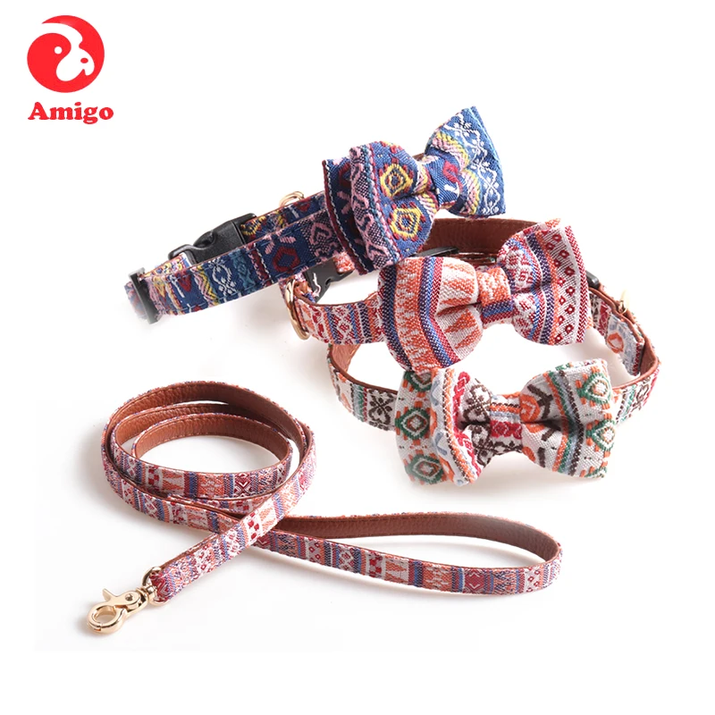 

Amigo Unique National Customs Cute Pet Cat Dog Collar Leash Set With Bow Tie Cotton Fabric Breakaway Buckle Dog Collar, Blue/white/pink