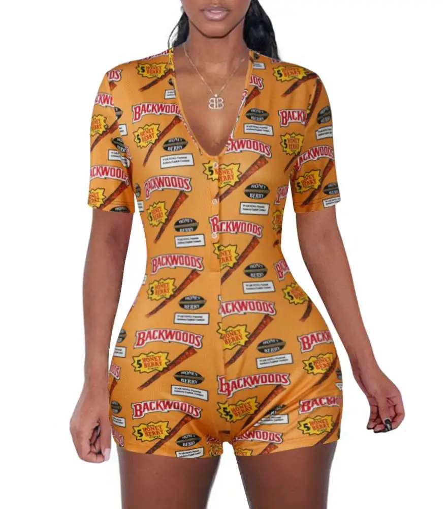 

Wholesale printed V-neck sleepwear buttons pajama nightwear onsies for women