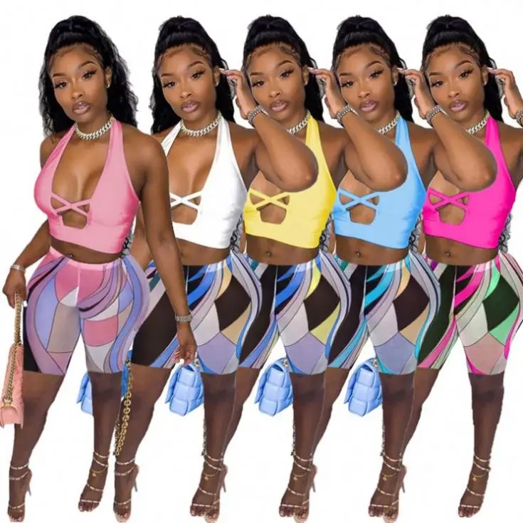 

Hot Onsale 2021 Summer Print Sexy Hollow Out Women Short Set Two Piece Outfits