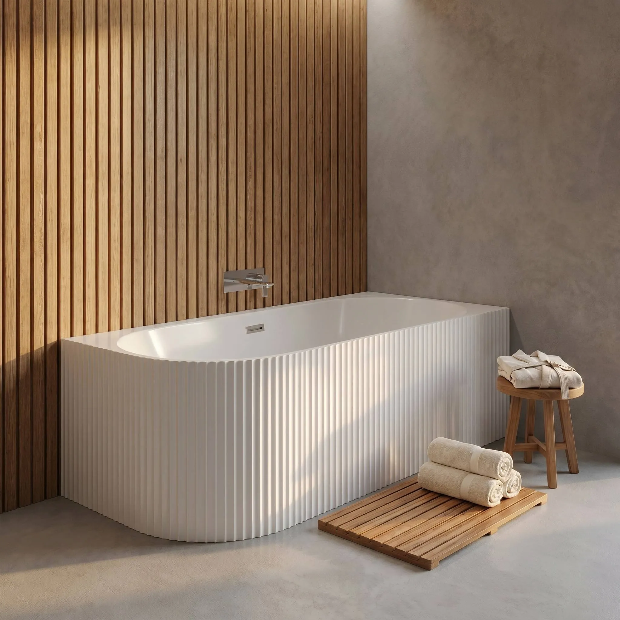 corner-acrylic-bathtub-am013-fluted-white-timber-slat-wall-wood-stool-marble-floor-room