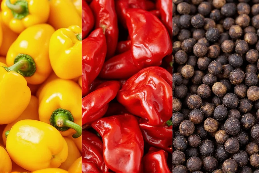 Close-up comparison of bell peppers, chili peppers, and black peppercorns showing their different shapes and colors