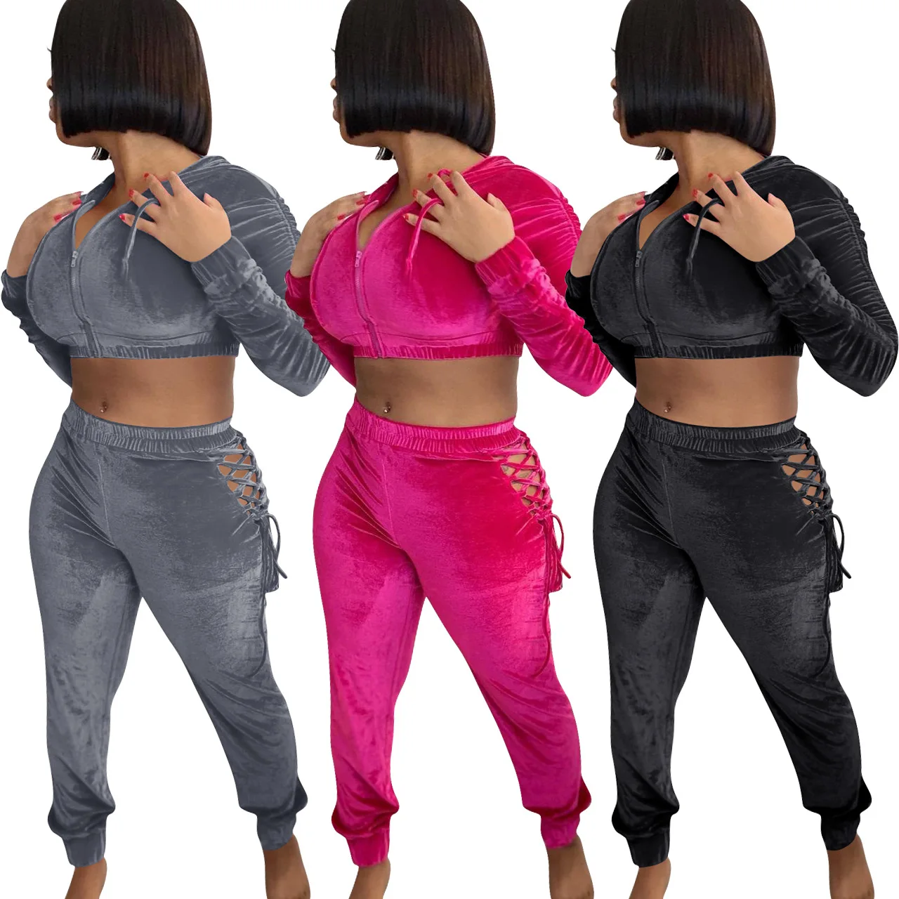 

2021 Fashion Custom Logo Women Clothing Velvet Suit Hooded Zipper Crop Top and Pants Ladies Two Piece Pants Set Women Clothing, Picture
