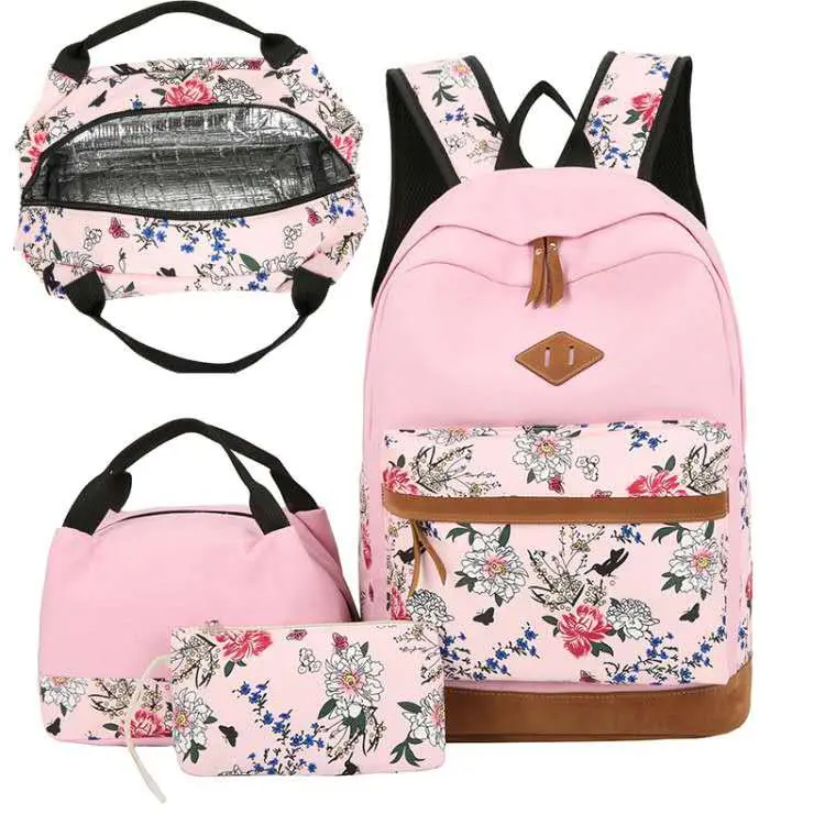 

2021 wholesale canvas fabric lady girl women 3pcs children school laptop backbag lunch bag handbag 3 pieces backpack set, Black, blue, pink, flower 1, flower 2, flower 3