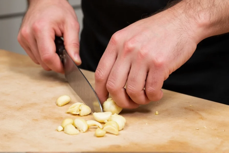Chef's hand demonstrating proper garlic mincing technique with knife on cutting board