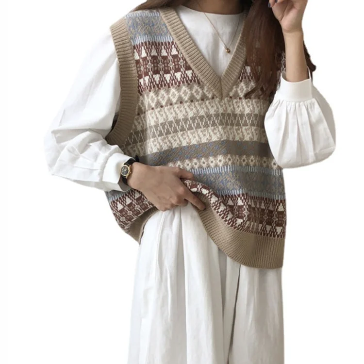 

2021 spring and Autumn New College style short loose Striped Sweater Vest women's knitted V-neck sleeveless vest coat