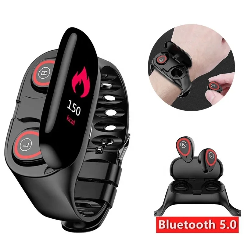 

In ear M1 BT 5.0 Earphones headphones AI Smart Watch Heart Rate Monitor Sport fitness Bracelet for iphone for samsung, Blue, black, red