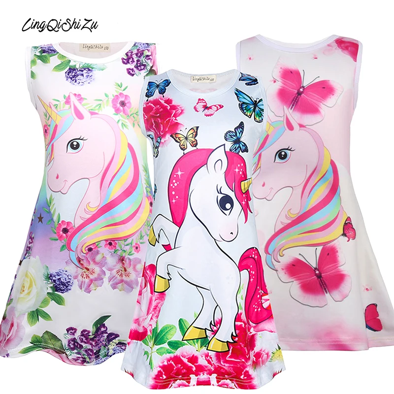 

customize Kids Summer Children Clothes Flower Unicorn Dinosaur Party Girl Dresses