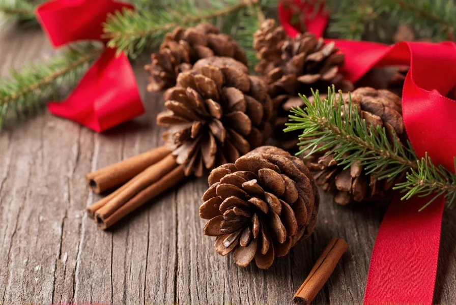 Cinnamon scented pine cones displayed as Christmas tree ornaments with red ribbon on a rustic wooden background