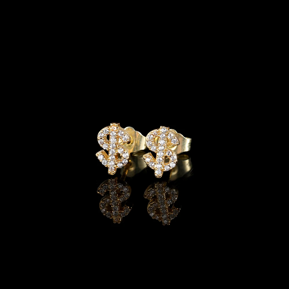 

Hip Hop Jewelry Stud Earrings Iced Out 3A Zircon Dollar Sign Gold Plated Earrings For Men, Gold/silver color