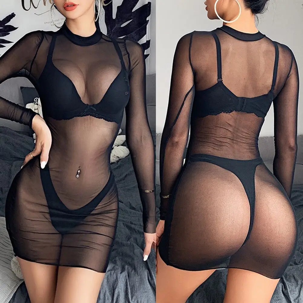

Large plus sizes long sleeve O neck sexy clothing transparent skirt see through mesh dress women, Customized color