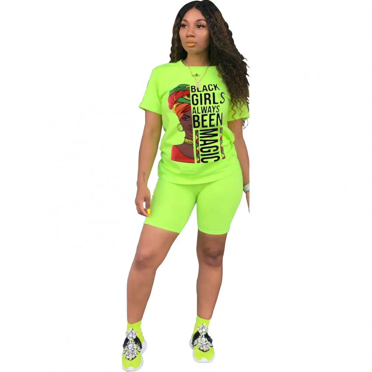 

2020 New trendy women clothing leisure sports printed round neck biker short 2 piece set outfit