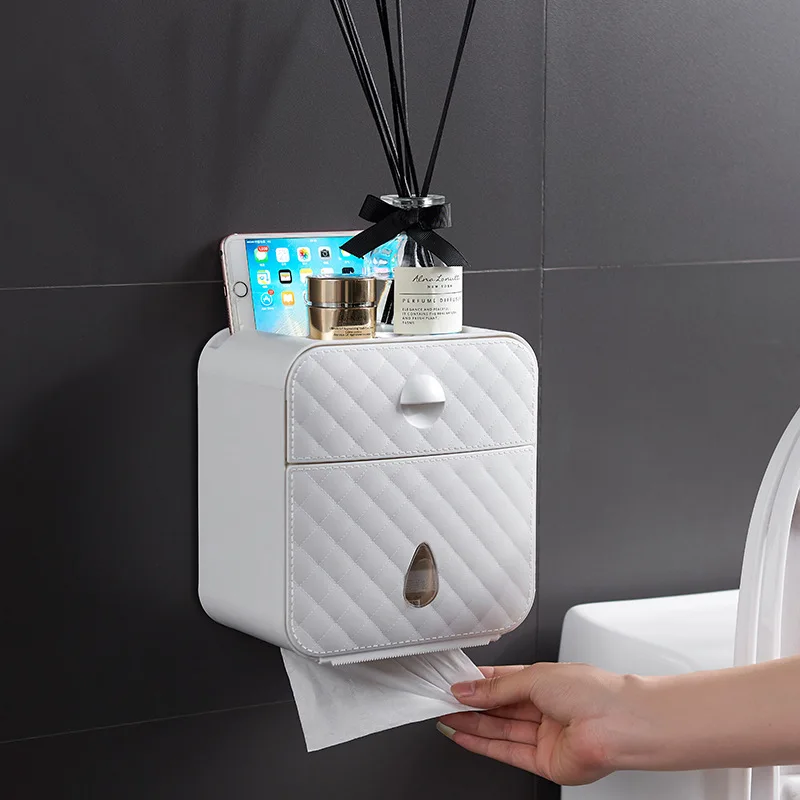 

Wall mounted plastic tissue dispenser kitchen bathroom toilet roll paper towel holder with tissue box shelf and cover