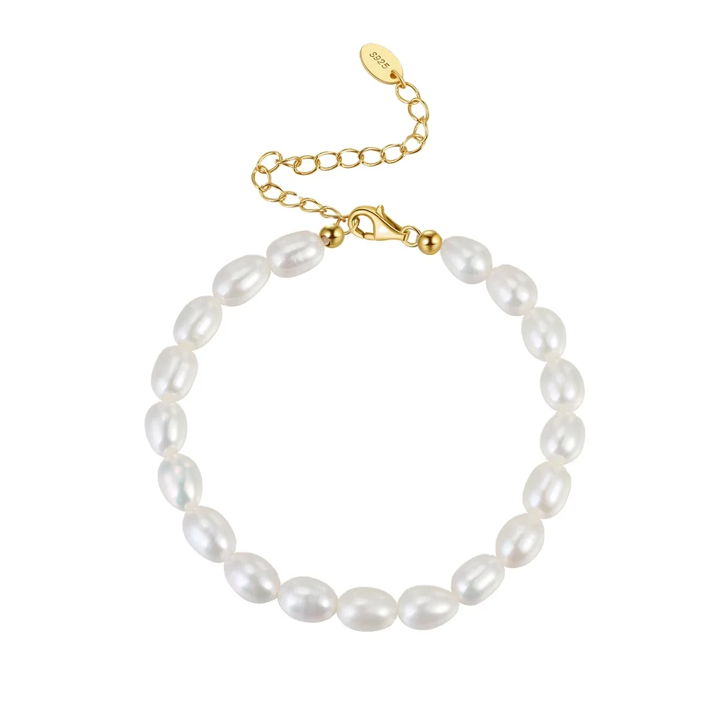 RINNTIN GPB11 Fine Jewelry 925 Sterling Silver Bracelet 14K Gold Plated Trendy Baroque Freshwater Pearls Bracelets for Women