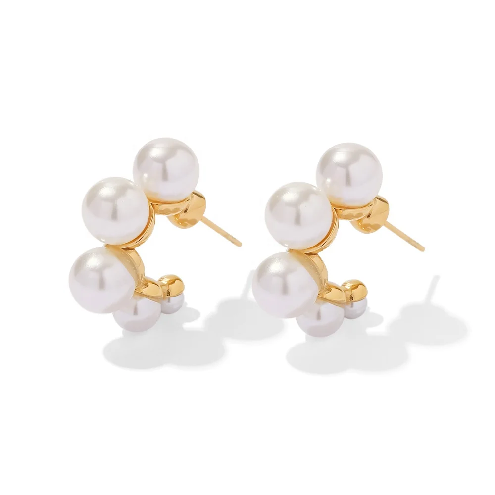 

18k Gold Plated Stainless Steel C Shape Flower Shape Pearl Design Hoop Earring For Girl Gift