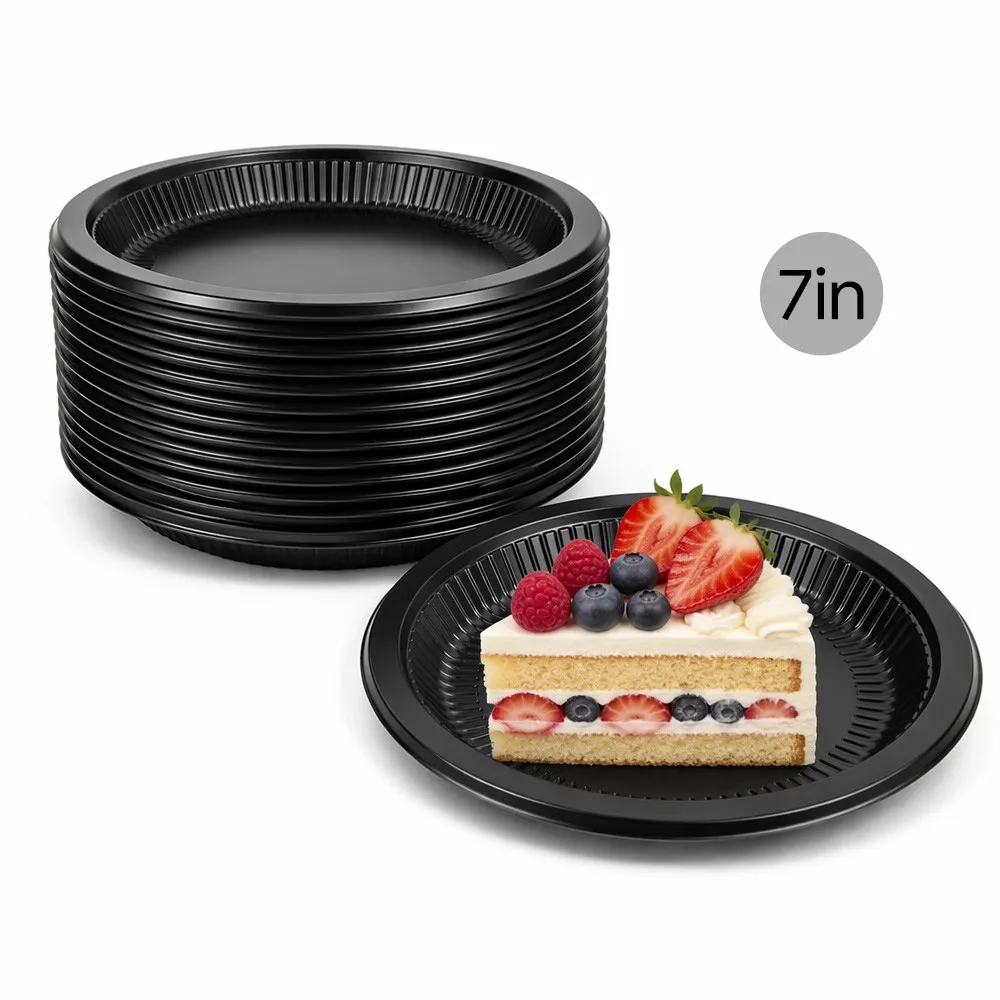 7-inch black PP plate with layered cake and mixed berries — dessert and appetizer applications