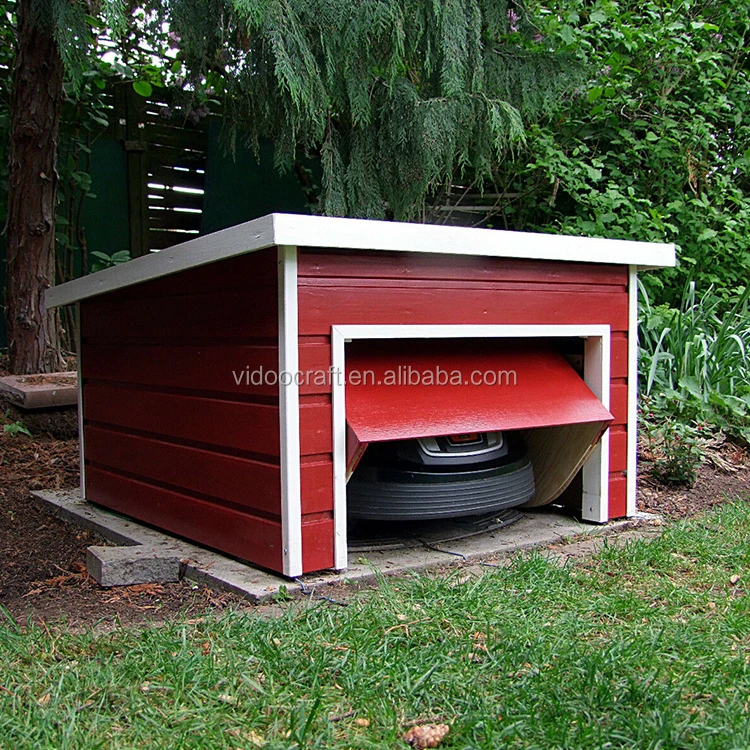 Customized Wpc Solid Wood Garage For Robotic Mower With Swing Gate Red