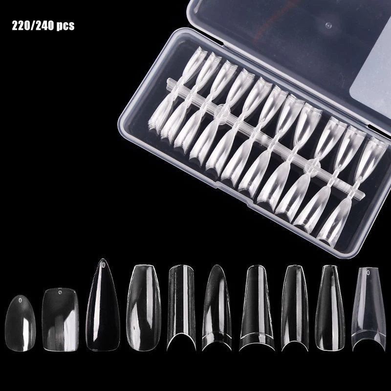 

New Arrival 240pcs Extra Long C Curve Nail Tips Full Cover Custom Logo Press On Nail Art Clear Coffin Long Nail Tips with Box