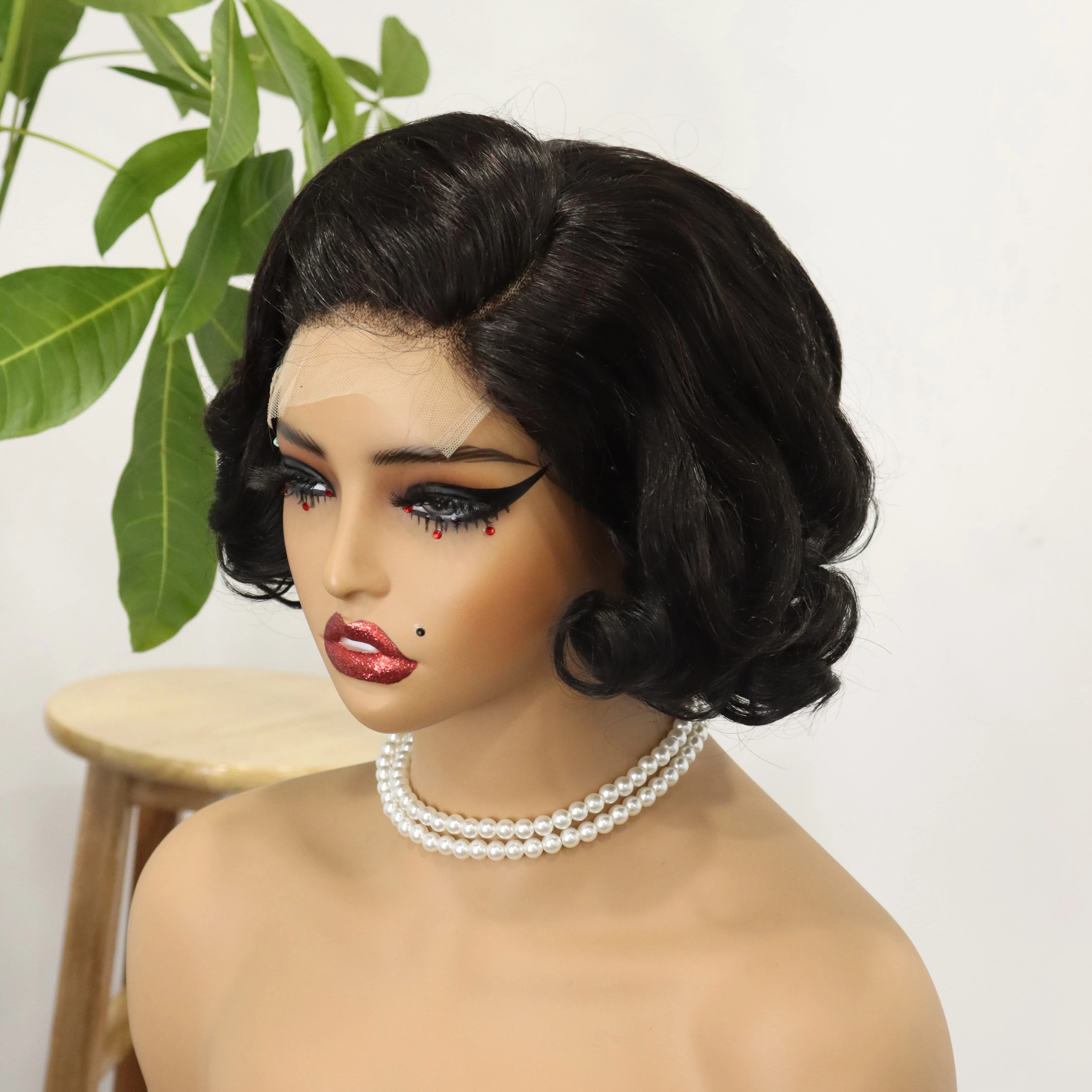 Side Part Pixie Cut Wigs Human Hair Short Length High Density Bouncy Curls 4X4 Lace Closure Wig for Black Women Natural Color