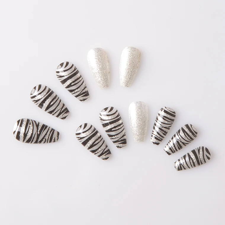 

factory supply customize reusable manicure animal print zebra leopard snake skin cow print coffin ballerina shapes press on nail, Black