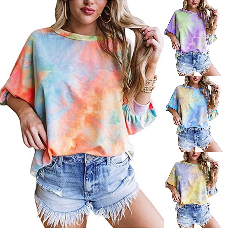 

Wholesale Tie Dye Shirts Bulk T shirt Custom Designs Printed Promotional Shirts Women Short Plus Size Tshirt