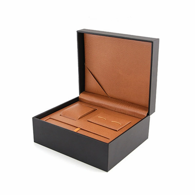 

PU Leather Elegant Packaging Box for Watch Gift Watch Strap Tool Cuff-link Sleeve Button Storage Case Organizer, Black surface+brown lining