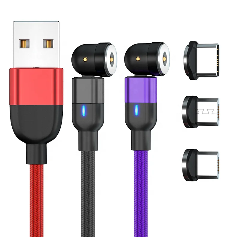 

2021 New Trend 540 Degree Free Rotation Magnetic Charging Cable 3 in 1 Mobile Phone Charger Magnet Usb Cable, Black red purple