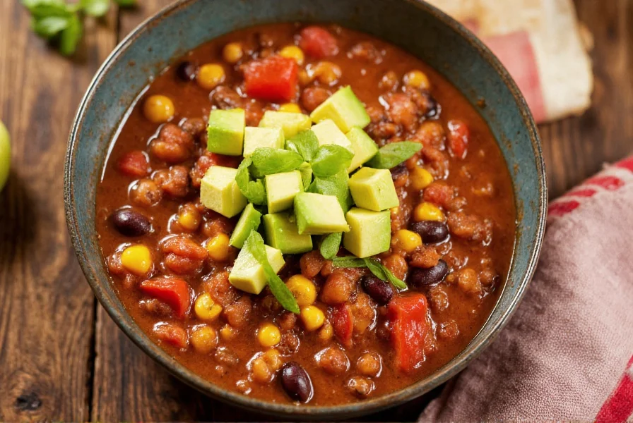Colorful bowl of vegetarian chili with beans, corn, and avocado garnish on wooden table