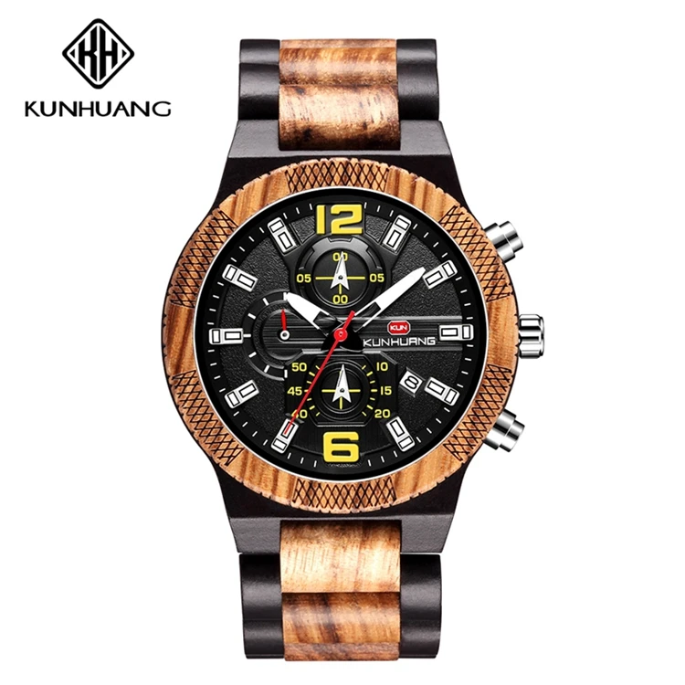 

KUNHUANG 1019 latest men quartz wooden custom oem watch low moq unique custom watch