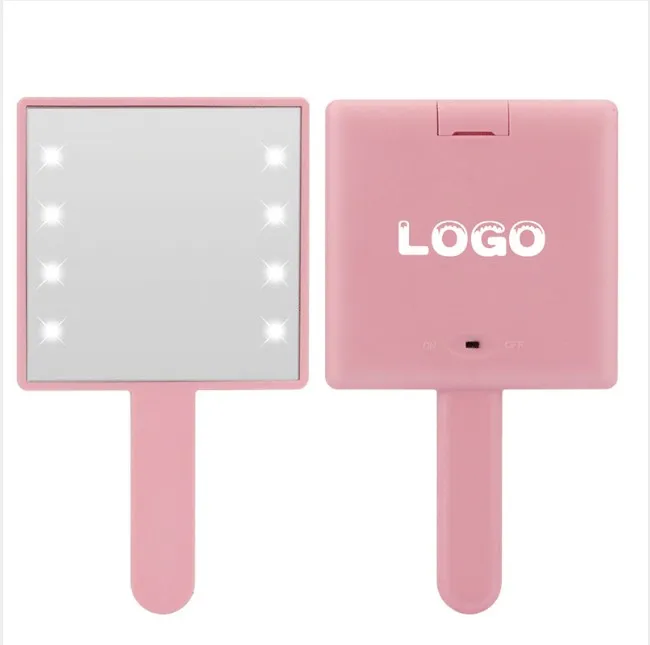 

2021 Custom square handle makeup mirror makeup table with light mirror mirror led makeup, Pink