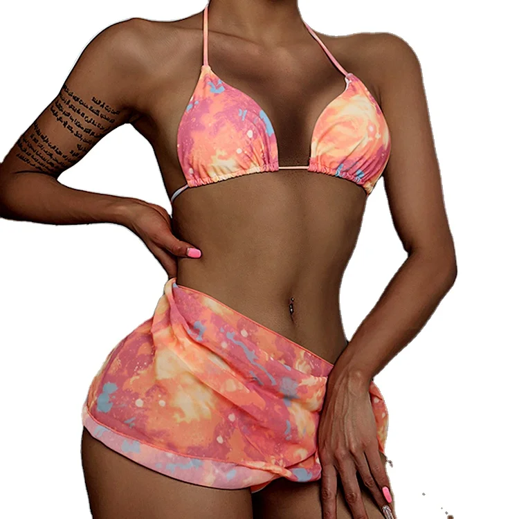 

Retro Bikini Women Split Swimsuit Print 3 Piece Set Cover Up Mesh Tummy Control Swimwear Bathing Suit Beachwear, Black blue white red green navy customized color