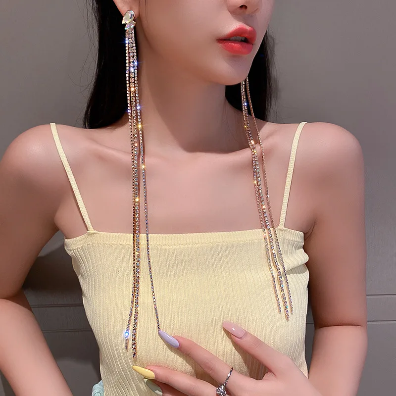 

Barlaycs Statement Fashion Designer S925 Sterling Sliver Post Rhinestone Crystal Long Tassel Drop Earrings Korean Trendy 2021