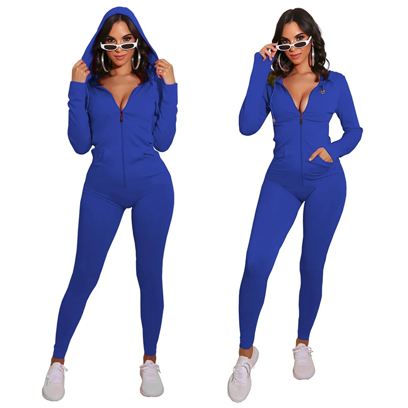 

Wholesale Solid Color Fashion Sportswear Long Sleeve Sexy Bodycon Zipper Hooded Jumpsuit For Women Clothing, 7 colors