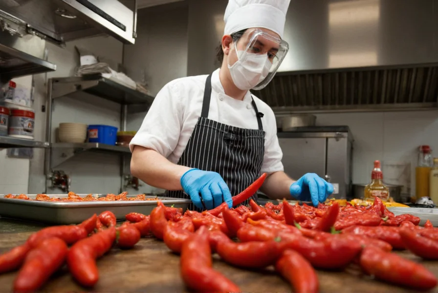 Chef carefully handling ghost pepper and carolina reaper with proper protective equipment during food preparation
