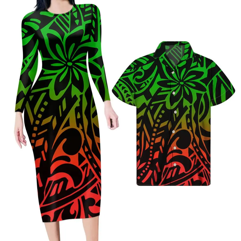 

Pink Bodycon Dress Wholesale Fashionable Chineses Dress Polynesian Tribal Floral Printing Couple Clothes Fall Sresses For Women, Customized color