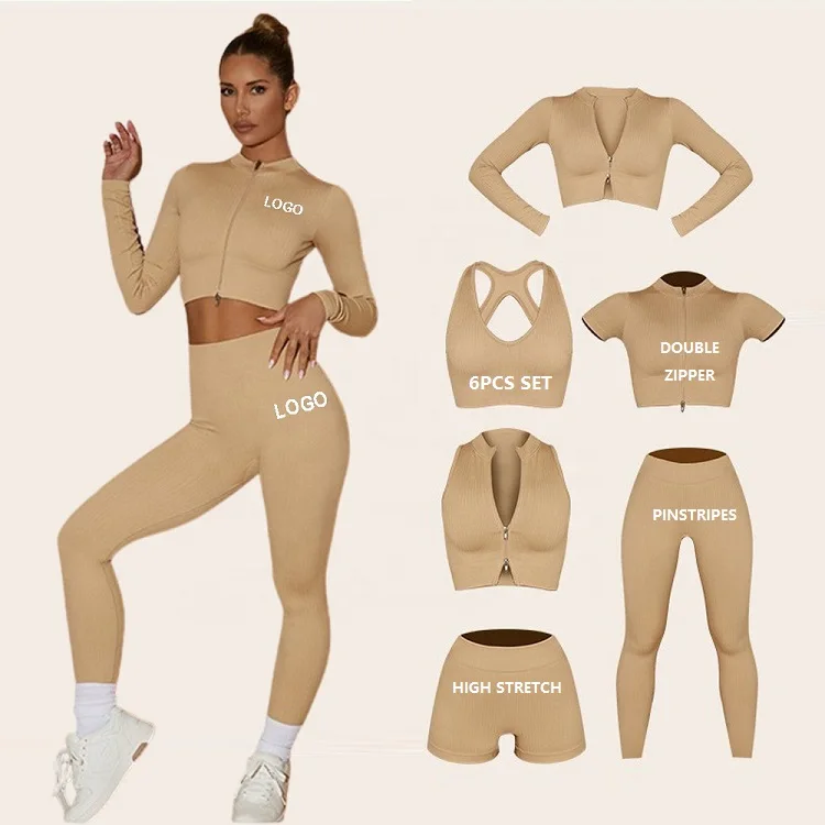 

Latest Woman Fitness Clothing Wholesale Yoga Suit 6 Pieces set Seamless Pinstripe Double Zipper Crop Top Deep U Neck Sports Bra, 5 colors