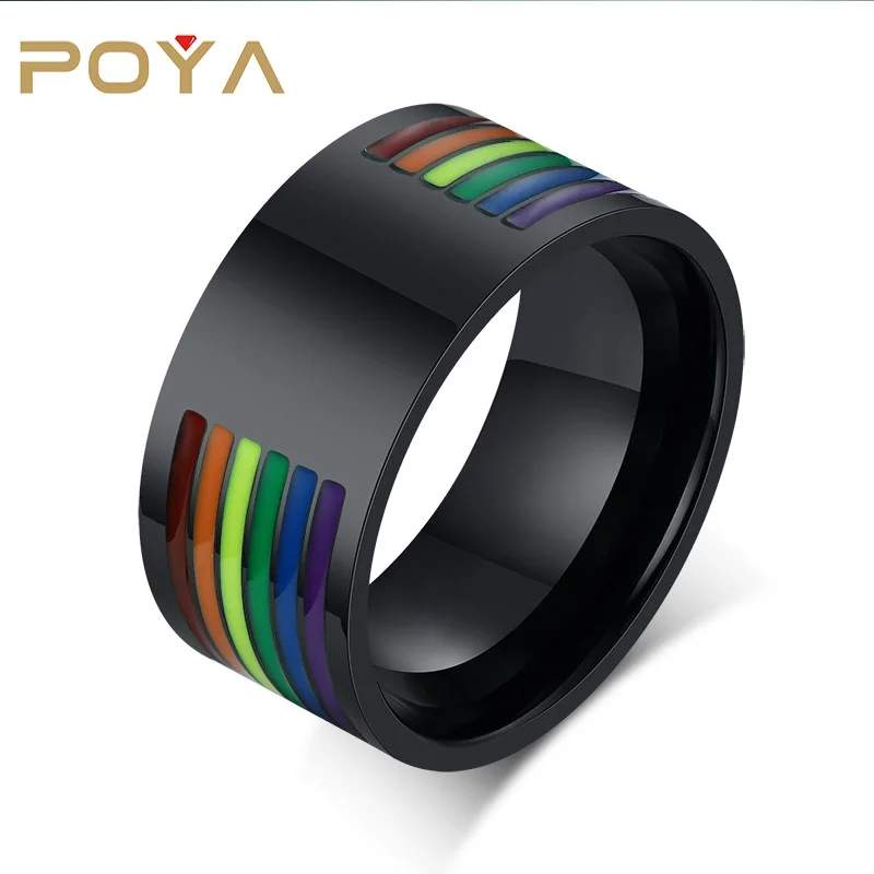 

POYA Stainless Steel Gay Pride Rings Enamel Rainbow Stripe Lesbian Wedding Band Comfort Fit